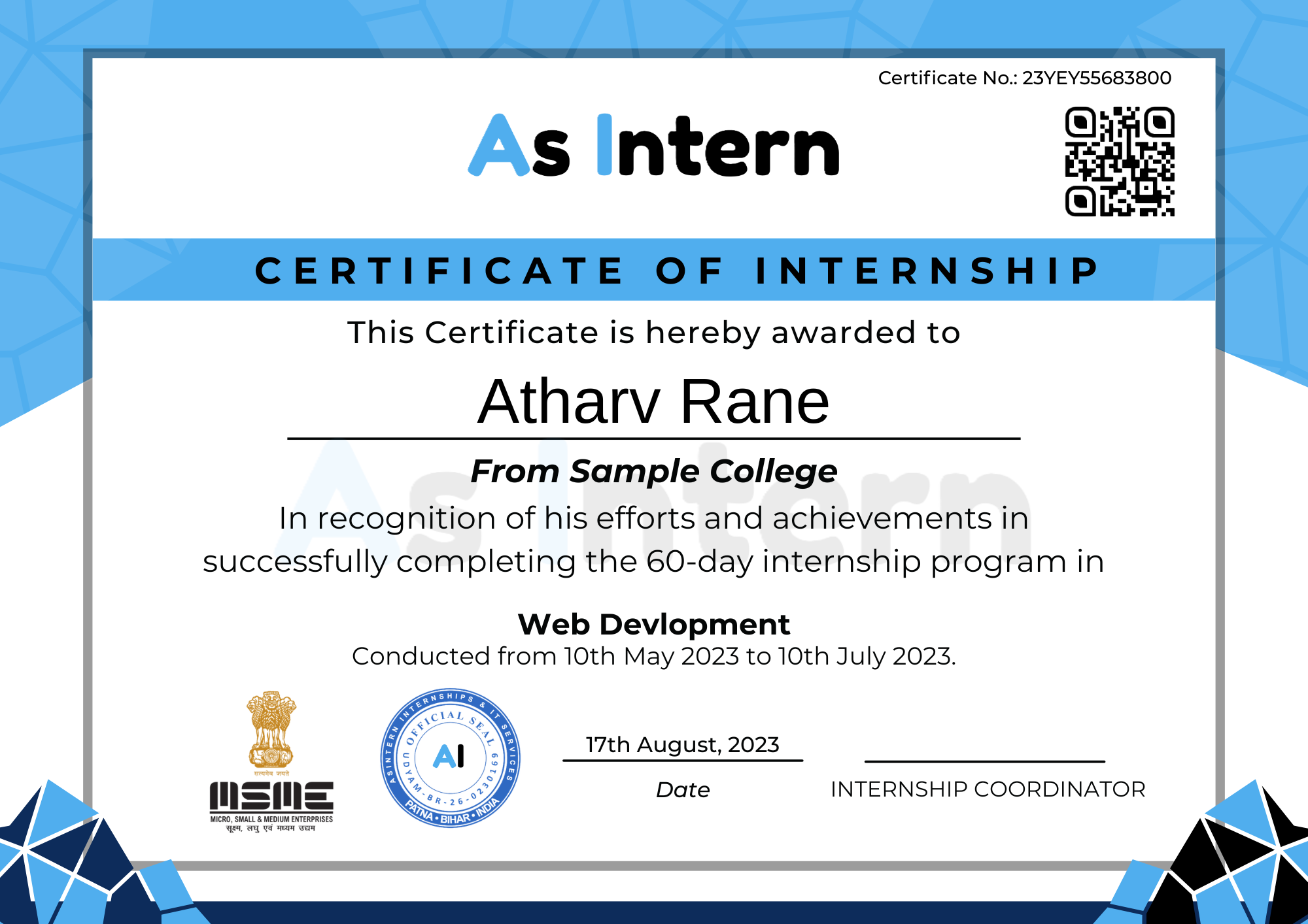 Demo Internship Certificate